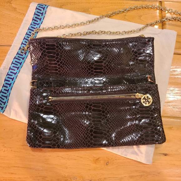 Tory Burch Espresso Animal Python Chain Fold Crossbody Bag Wristlet Purse Clutch